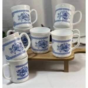 Vintage Arcopal France Honorine Blue Floral Milk Glass Mugs Set